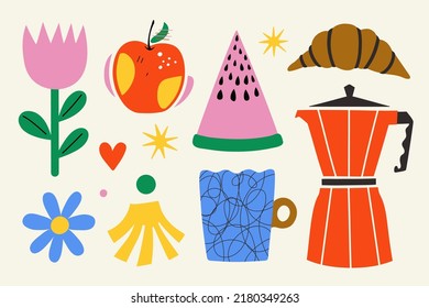 Vector illustration set with coffee geyser and mug, fruits, flower and croissant. Colored summer picnic poster, cafe menu design elements