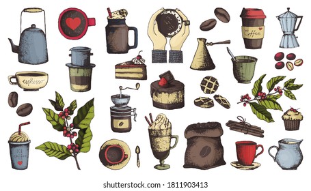 Vector illustration set of coffee ingredients and items in outline style, in color. Coffee, grains and mugs, coffee grinder and desserts icons