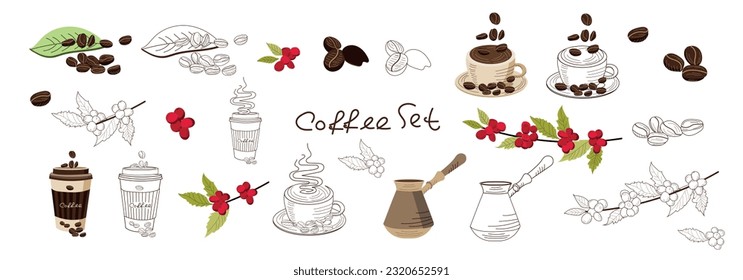 Vector illustration of a set of coffee objects. Glass, mug, cup for espresso, cappuccino and americano, sprig of coffee, grains, cezve, sugar sticks. vintage hand drawn style
