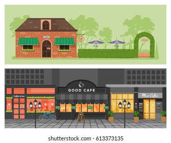 Vector illustration set of coffee shop,cafe loft style with street and garden 