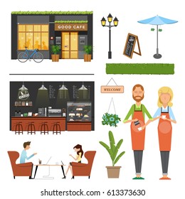 Vector illustration set coffee shop,cafe elements. inside and outside,Barista,coffee machine, coffee bar ,male and female customer meeting, Decoration tree 
tree and 