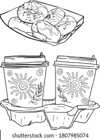 Vector illustration of a set of coffee with takeaway donuts. Illustration of hot drinks, latte, coffee, donuts, takeaway food for printing on clothes, logo, prints, postcards, wrapping paper, icon
