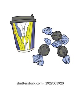 Vector illustration of a set of coffee with takeaway candy. Illustration of hot drinks, latte, coffee, takeaway food for printing on clothes, logo, prints, postcards, wrapping paper, icon