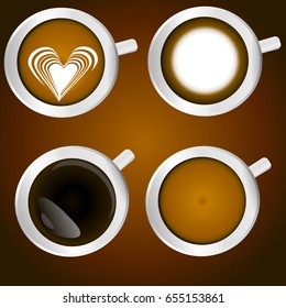 Vector illustration. Set of coffee and tea cups on a wooden table.