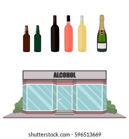 Vector illustration set, collection of alcohol bottles. Alcohol drinks icons. Street local wine bar building, shop. European bar facade. Pub storefront