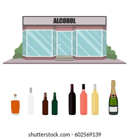 Vector illustration set, collection of alcohol bottles. Alcohol drinks icons. Street local wine bar building, shop. European bar facade. Pub storefront