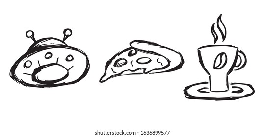 Vector Illustration of Set or Collection of Alien UFO Ship, Pizza Food and Coffee Drinks. 