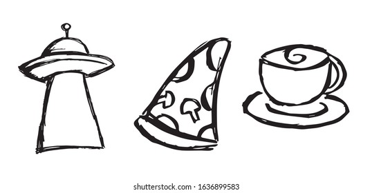 Vector Illustration of Set or Collection of Alien UFO Ship, Pizza Food and Coffee Drinks. 