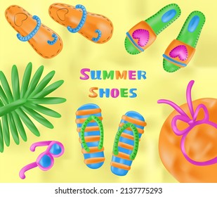 Vector illustration with a set, a collection of beach and summer shoes on the sand, top view. The concept of leisure, travel and shoes for this.