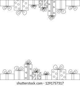  Vector illustration. Set, a collection of black and white gifts with the outline. Square format.