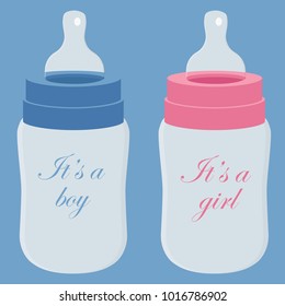 Vector illustration set, collection blue and pink feeding bottle or milk bottle. It's a boy and girl feeding bottles