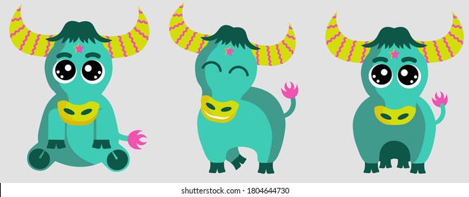 
vector illustration set collection of bulls. Kawaii multicolored buffaloes. Symbol of 2021 Chinese New Year. Anime doodle bison. Cheerful tank in various poses. 
Christmas cute baby cards for holiday