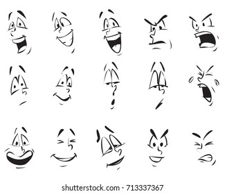 Vector illustration. Set collection of cartoon face in many expressions. Black outline isolated on white. Simple doodle, child style hand drawn image