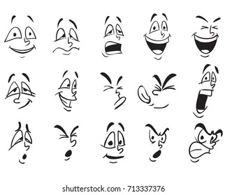 Vector illustration. Set collection of cartoon face in many expressions. Black outline isolated on white. Simple doodle, child style hand drawn image