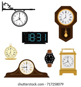 Vector illustration set, collection clock icons. Old, vintage clock pendulum, pocket, digital, carriage, street and wrist watch, clock svg