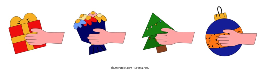 vector illustration - set collection of colored icons - hands giving Christmas gifts.Banner design for the site and social networks.Gift, flowers, tree, decor for the New Year. Online delivery concept