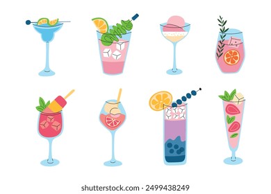 Vector illustration set, a collection of colorful summer drinks, ice cream cocktails and popsicle mocktails. Flat, cartoon-style design with refreshing beverages in glassware with vibrant garnishes