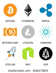 Vector illustration set, collection of crypto currency blockchain flat logo isolated on white background. 