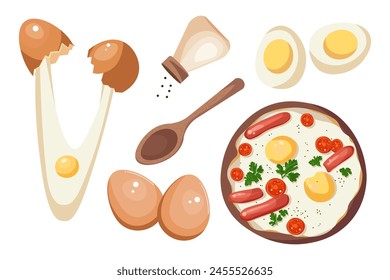 Vector illustration. Set, collection of design elements. Eggs, omelet, scrambled eggs. Cooking, kitchen, recipe, cookbook. Modern design, isolated vector.