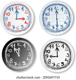 Vector illustration of set, collection of four different dials of clock watches showing different time, imitation of a freehand drawing with a shadow isolated on the white background.