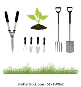 Vector illustration set, collection garden tools and fresh green grass vector icon . Garden shovel, fork, cultivator and plant growing in the ground. 