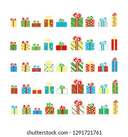 Vector illustration. Set, a collection of gifts. Festive gifts. Multicolored boxes with bows.