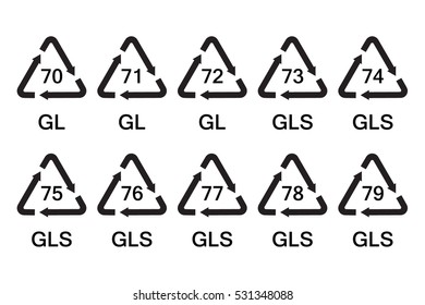 Vector illustration set, collection of glass recycle, recycling symbols, signs isolated on white background for glass packaging. GL, GLS