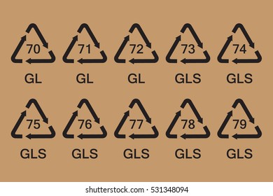 Vector illustration set, collection of glass recycle, recycling symbols, signs isolated  for glass packaging. GL, GLS