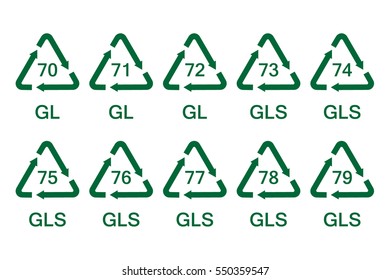 Vector illustration set, collection of glass recycle, recycling symbols, signs isolated on white background for glass packaging. GL, GLS