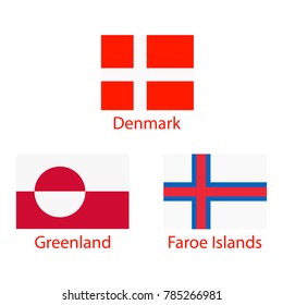 Vector illustration set, collection Greenland, Denmark and Faroe Islands flags with names