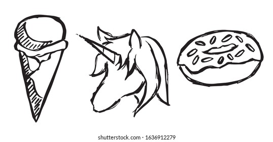 Vector Illustration of Set or Collection of Ice Cream Dessert Food, Unicorn Magical Horse, and Sweet Donut. 