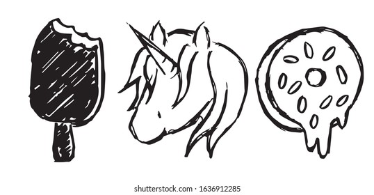 Vector Illustration of Set or Collection of Ice Cream Dessert Food, Unicorn Magical Horse, and Sweet Donut. 