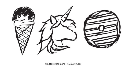 Vector Illustration of Set or Collection of Ice Cream Dessert Food, Unicorn Magical Horse, and Sweet Donut. 