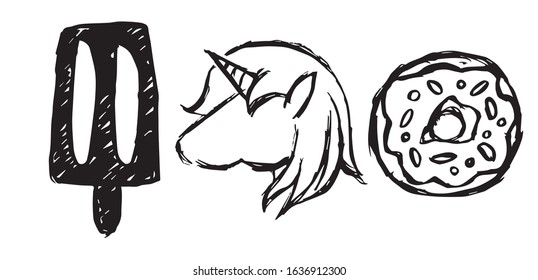 Vector Illustration of Set or Collection of Ice Cream Dessert Food, Unicorn Magical Horse, and Sweet Donut. 