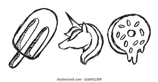 Vector Illustration of Set or Collection of Ice Cream Dessert Food, Unicorn Magical Horse, and Sweet Donut. 