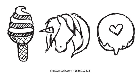 Vector Illustration of Set or Collection of Ice Cream Dessert Food, Unicorn Magical Horse, and Sweet Donut. 