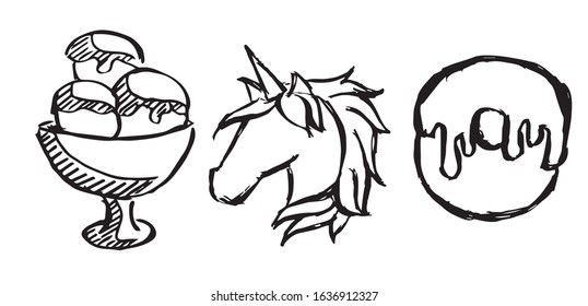 Vector Illustration of Set or Collection of Ice Cream Dessert Food, Unicorn Magical Horse, and Sweet Donut. 