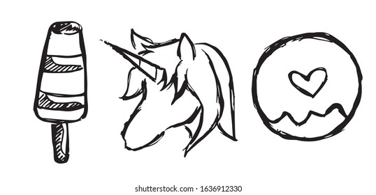 Vector Illustration of Set or Collection of Ice Cream Dessert Food, Unicorn Magical Horse, and Sweet Donut. 