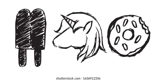 Vector Illustration of Set or Collection of Ice Cream Dessert Food, Unicorn Magical Horse, and Sweet Donut. 