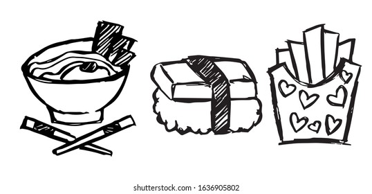 Vector Illustration of Set or Collection of Japanese Ramen Noodles Food, Sushi, and French Fries.