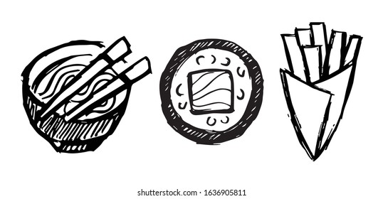 Vector Illustration of Set or Collection of Japanese Ramen Noodles Food, Sushi, and French Fries.