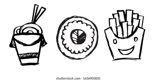 Vector Illustration of Set or Collection of Japanese Ramen Noodles Food, Sushi, and French Fries.