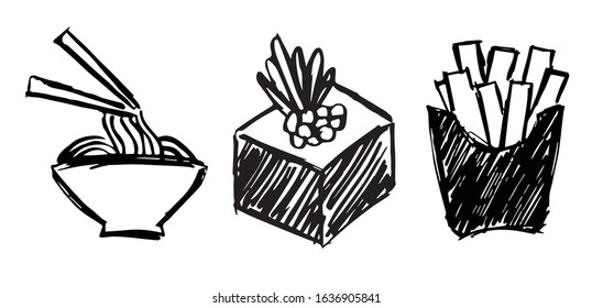 Vector Illustration of Set or Collection of Japanese Ramen Noodles Food, Sushi, and French Fries.