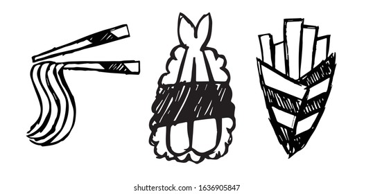 Vector Illustration of Set or Collection of Japanese Ramen Noodles Food, Sushi, and French Fries.