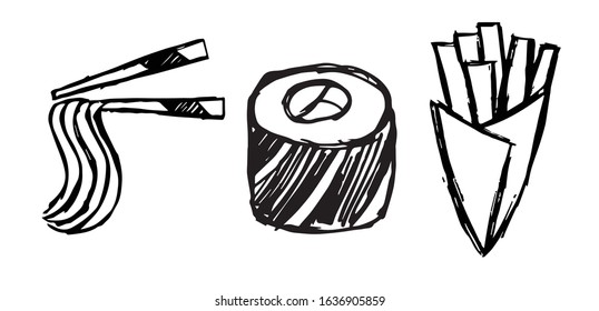 Vector Illustration of Set or Collection of Japanese Ramen Noodles Food, Sushi, and French Fries.