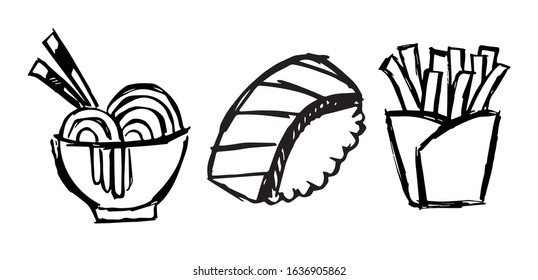 Vector Illustration of Set or Collection of Japanese Ramen Noodles Food, Sushi, and French Fries.