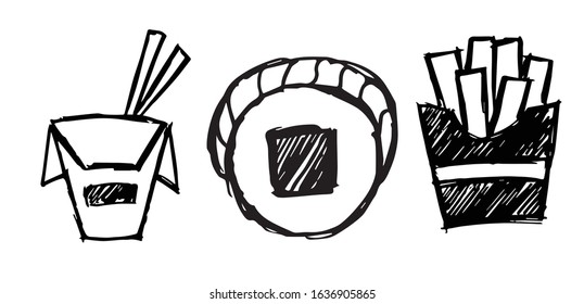 Vector Illustration of Set or Collection of Japanese Ramen Noodles Food, Sushi, and French Fries.