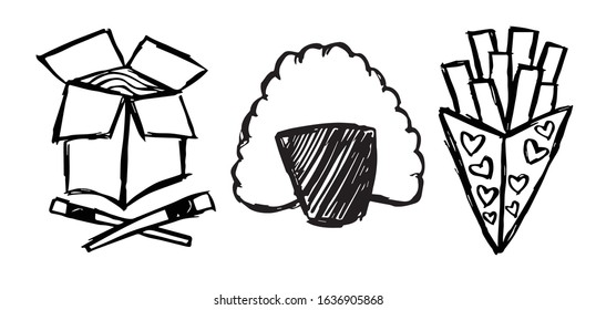 Vector Illustration of Set or Collection of Japanese Ramen Noodles Food, Sushi, and French Fries.