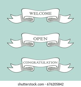 Vector illustration set, collection  of old vintage ribbon banners and drawing in engraving style with word Welcome, Open and Congratulation. Hand drawn design element. 