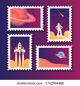 vector illustration of set collection of postage stamp for astronaut 